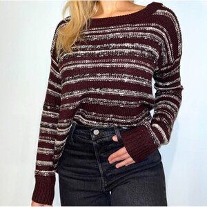 Calvin Klein Knit Pullover Sweater Plum Purple White Striped Long Sleeve S New